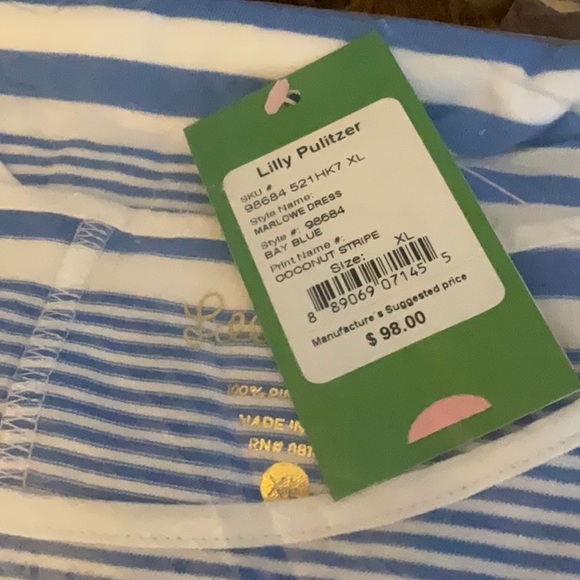 NWT Lilly Pulitzer Bay Blue Coconut Stripe Marlowe dress tshirt XL - Picture 2 of 5